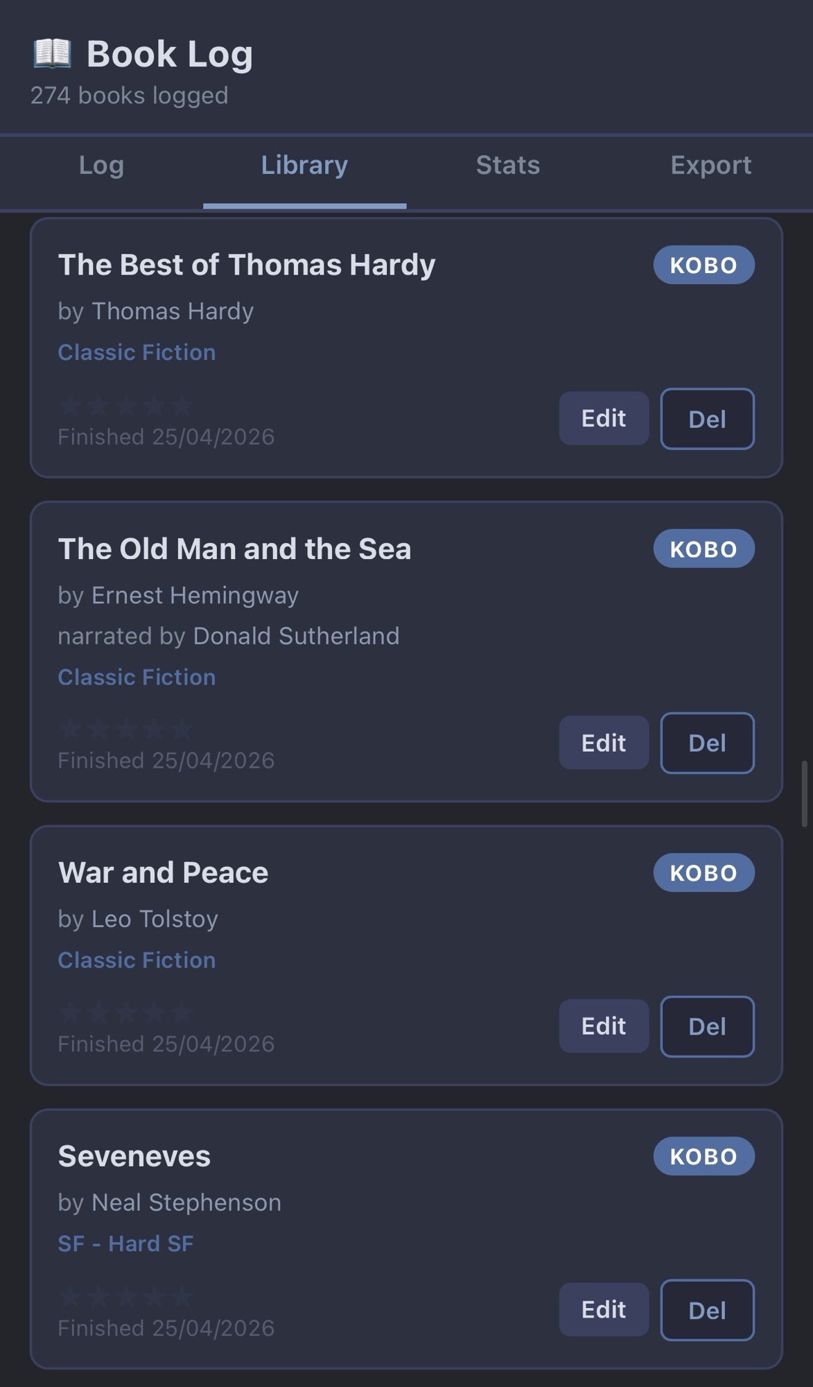 Book Log app showing library tab with platform and genre filter buttons and book entries
