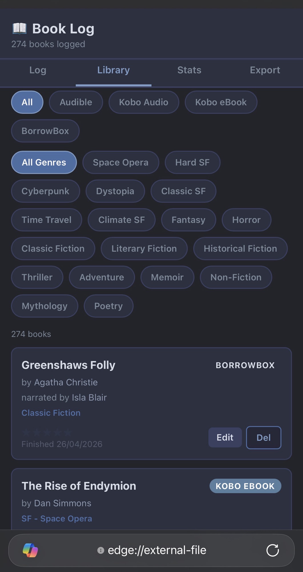 Book Log app showing individual book entries with platform badges and genre labels