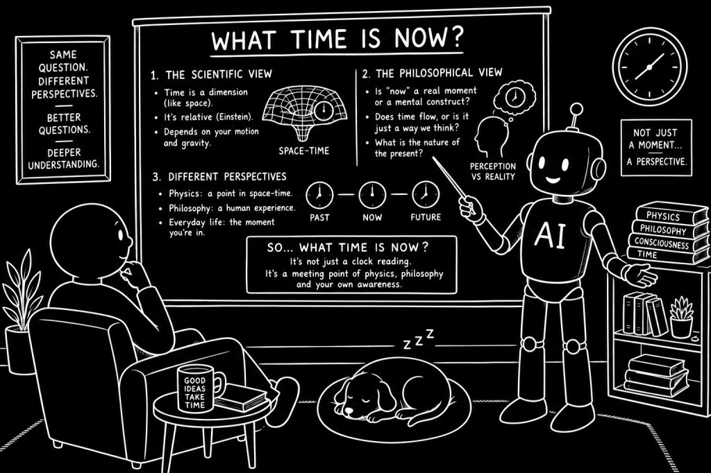 Line drawing of a person in an armchair watching a friendly AI robot point at a board titled What time is now?, comparing scientific and philosophical views of time